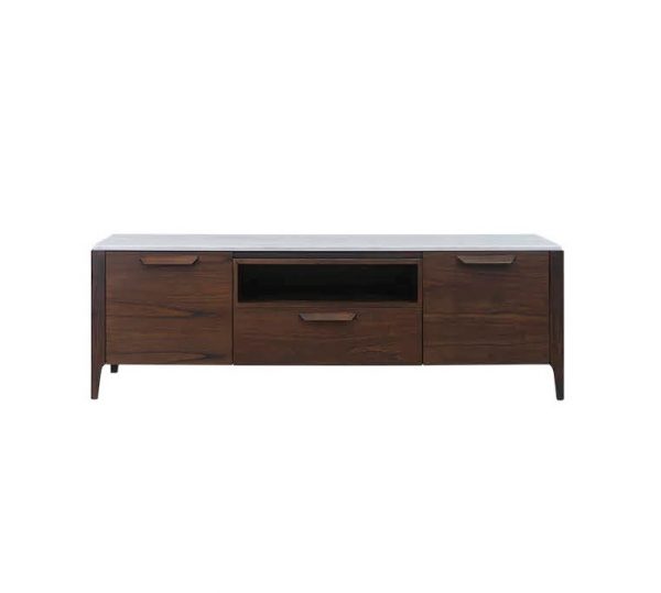 Mueble de tv con dos puertas, cajón, espacio libre y tapa de mármol